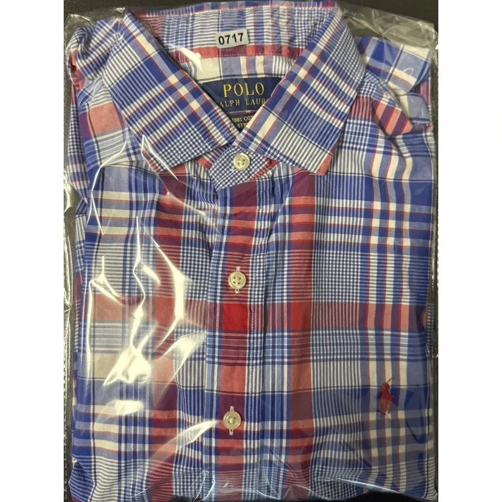 Polo Ralph Lauren Custom Fit Stretch Plaid Shirt Men's Medium Red Blue Cotton